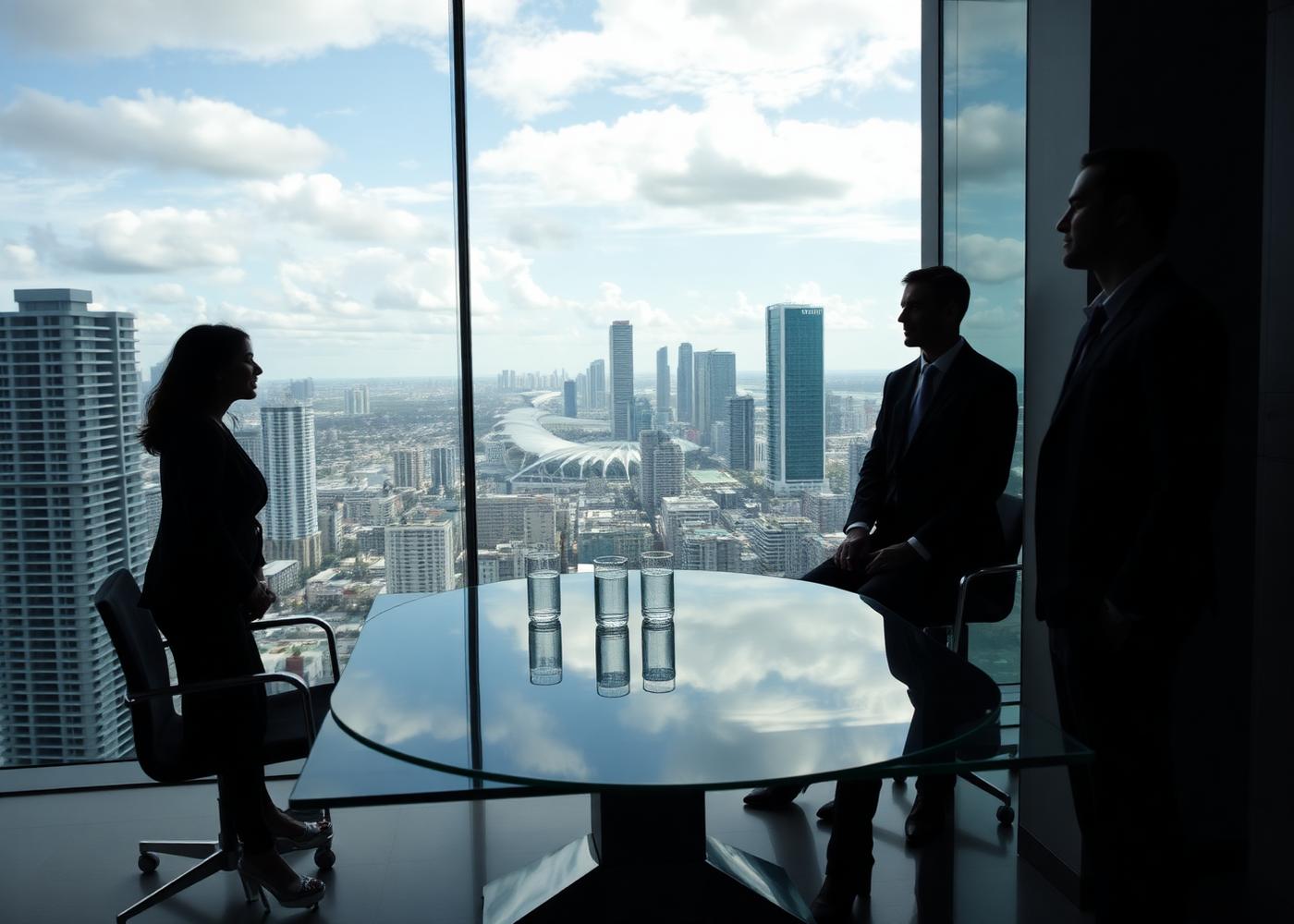 Reunião de corretores em escritório com vista para o skyline de Miami